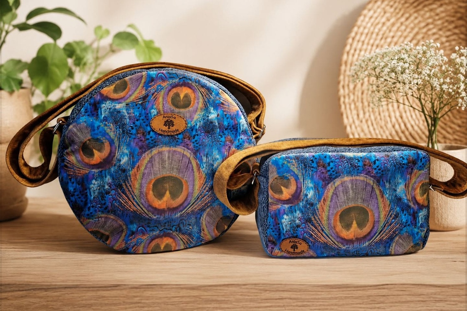 Okrągła i prostokątna torba AniaSa Handmade we wzór pawich piór
